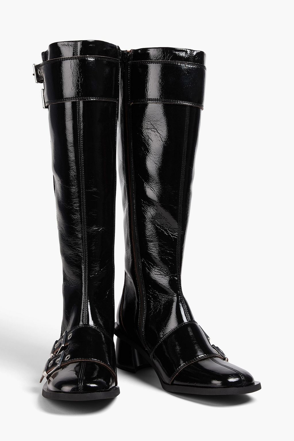 GANNI Buckled crinkled glossed knee boots