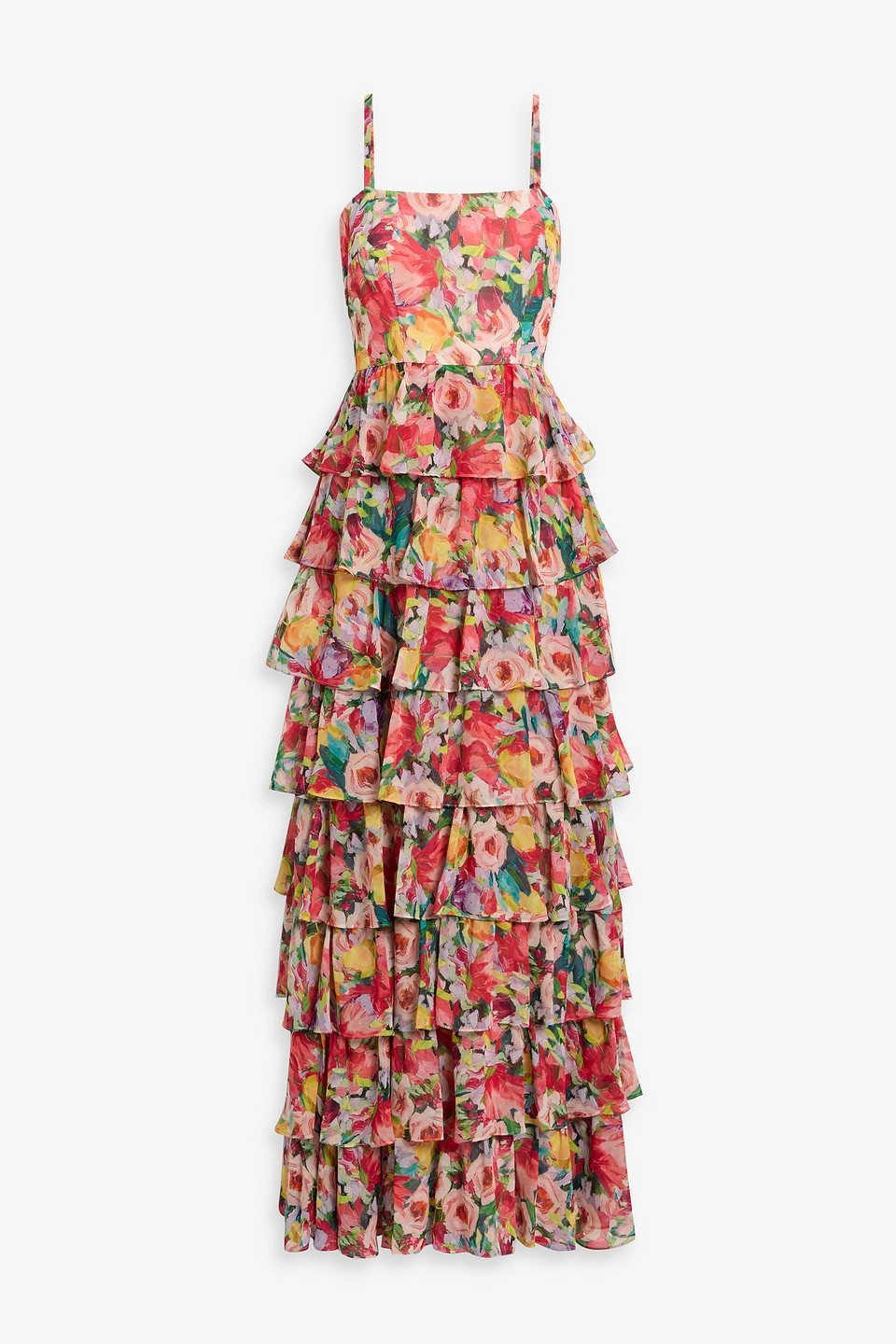 Mikael Aghal Tiered Floral-print Crepe De Chine Maxi Dress In Multi