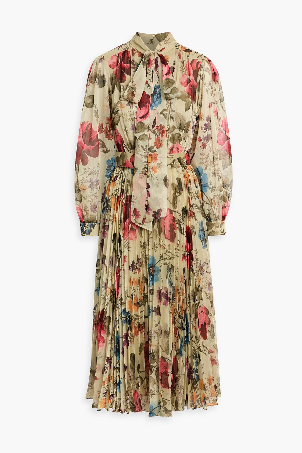 Mikael Aghal Pussy-bow Pleated Floral-print Georgette Midi Dress In Green