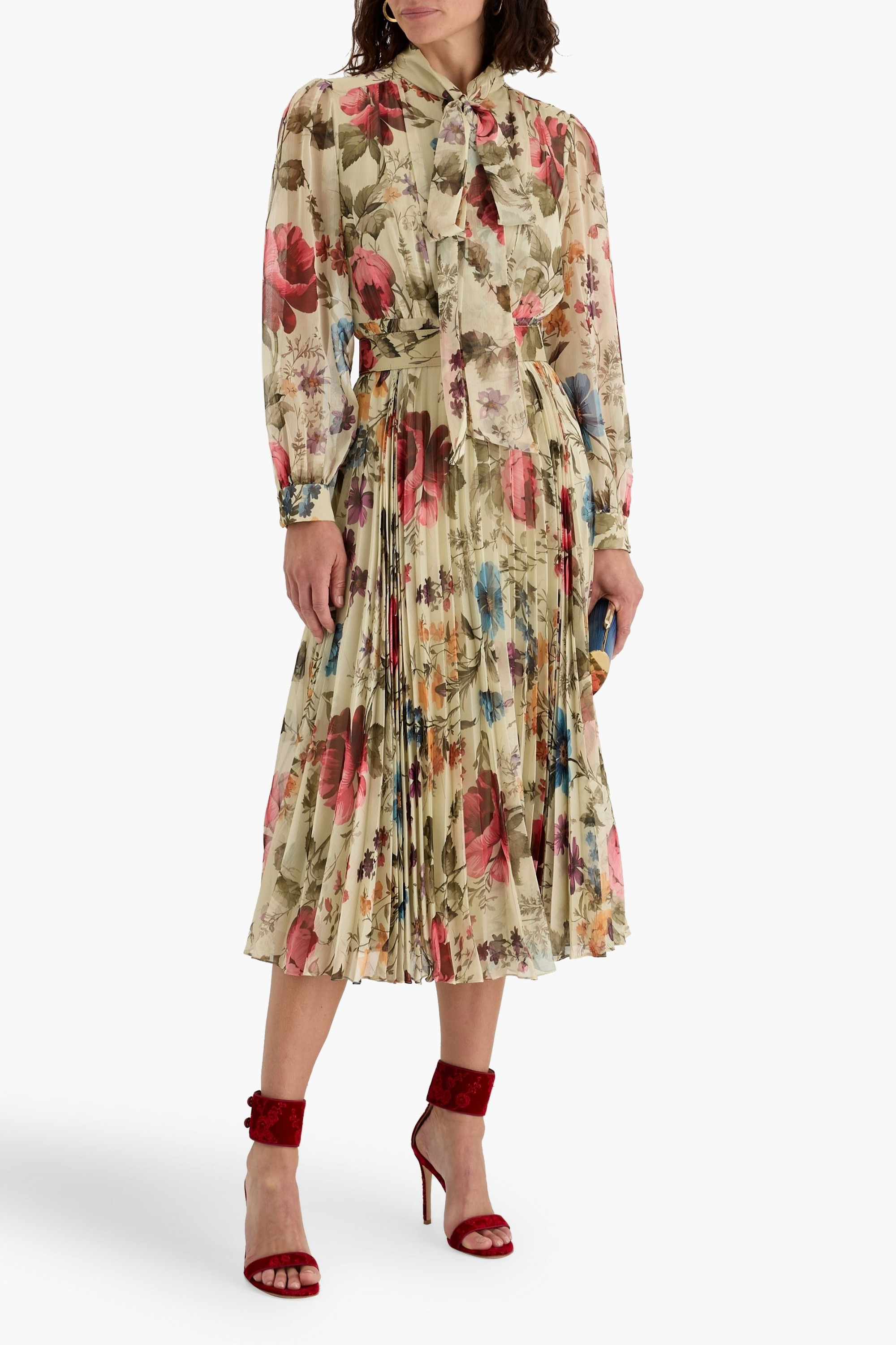 MIKAEL AGHAL - Pussy-bow pleated floral-print georgette midi dress