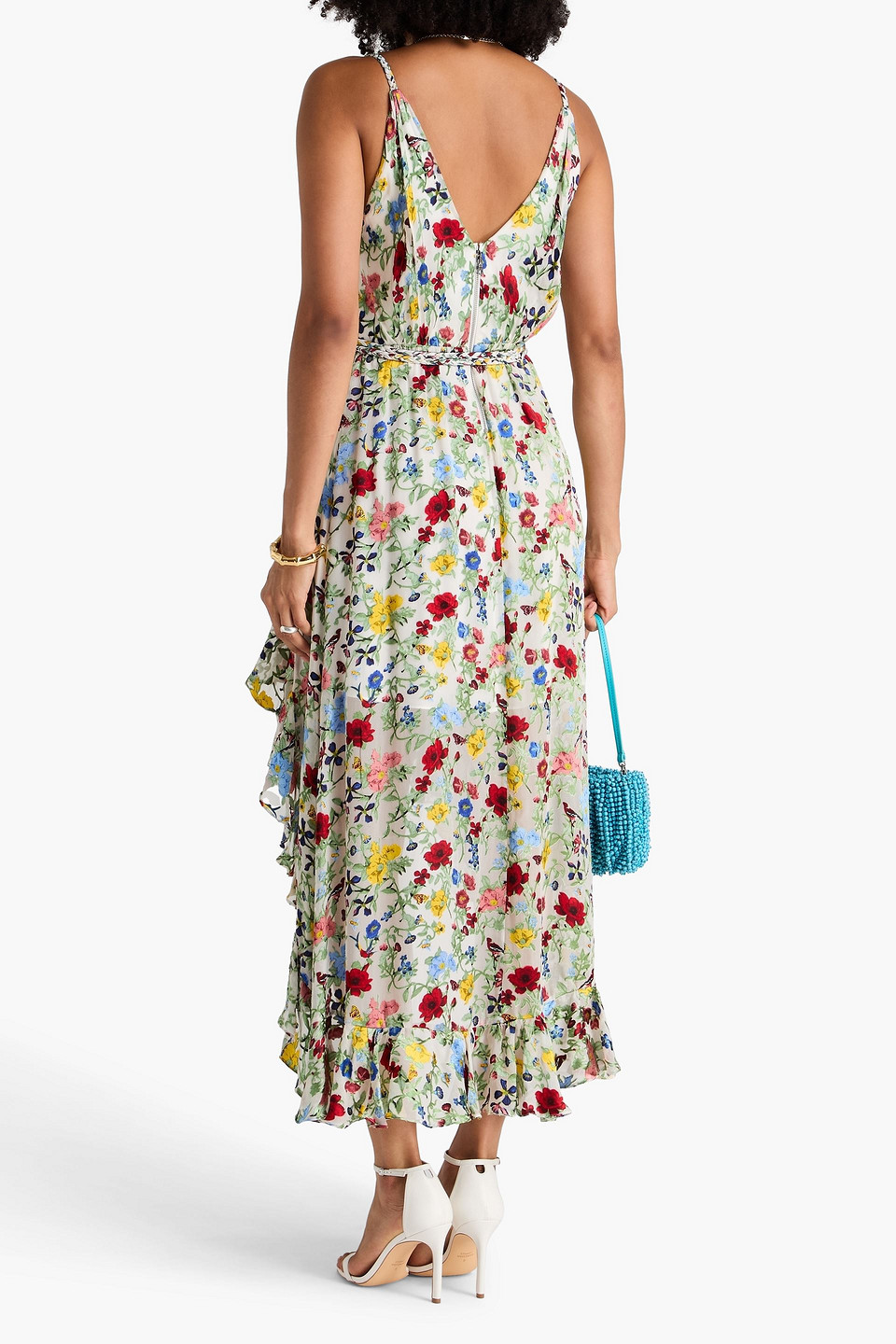  Alice Olivia - Maxikleid Aus Satin Mit Wickeleffekt, Ausbrennmuster, Rüschen Und Floralem Print - Bunt - Us 2 