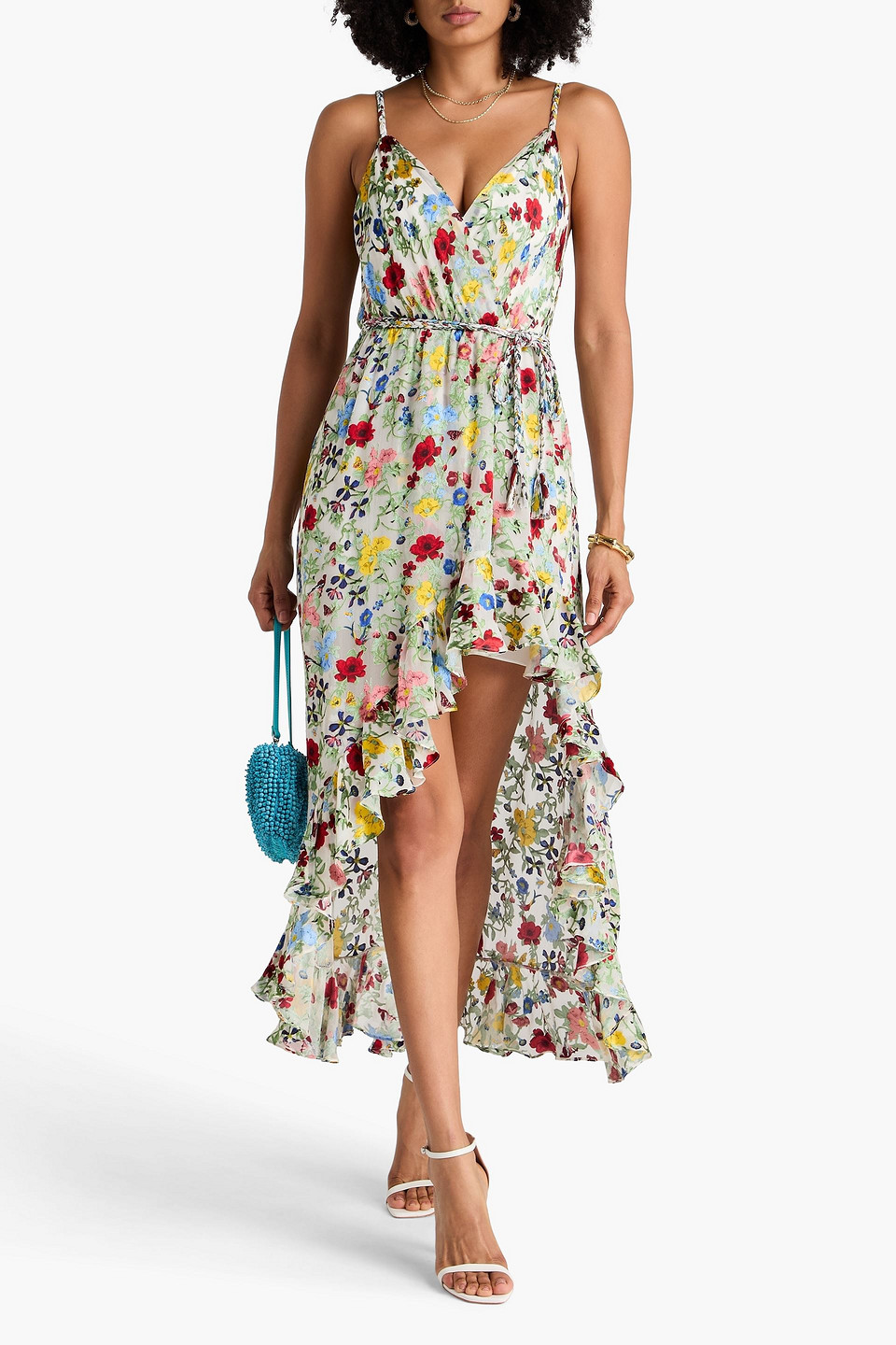  Alice Olivia - Maxikleid Aus Satin Mit Wickeleffekt, Ausbrennmuster, Rüschen Und Floralem Print - Bunt - Us 2 