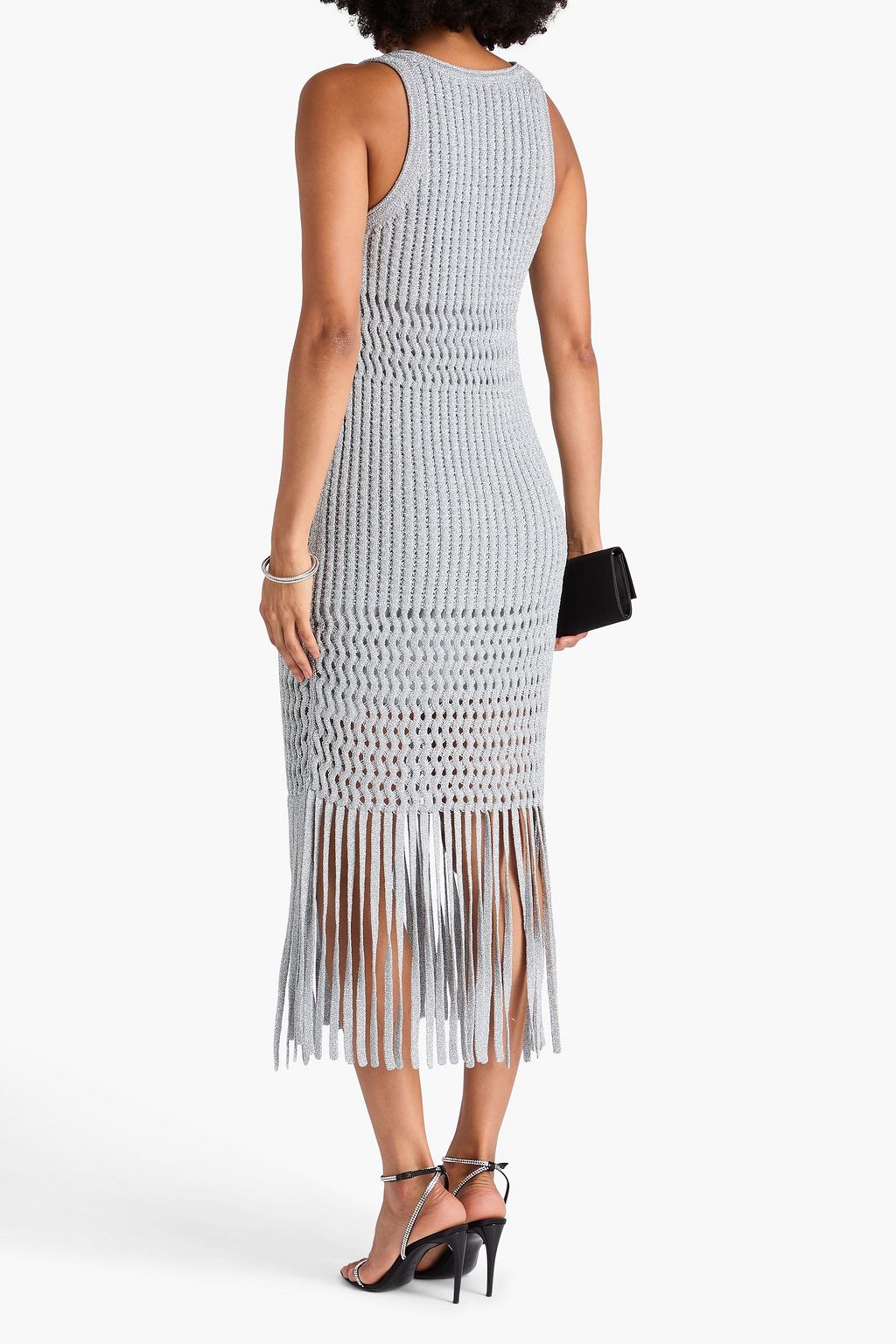 SIMKHAI Fringed metallic ribbed-knit midi dress