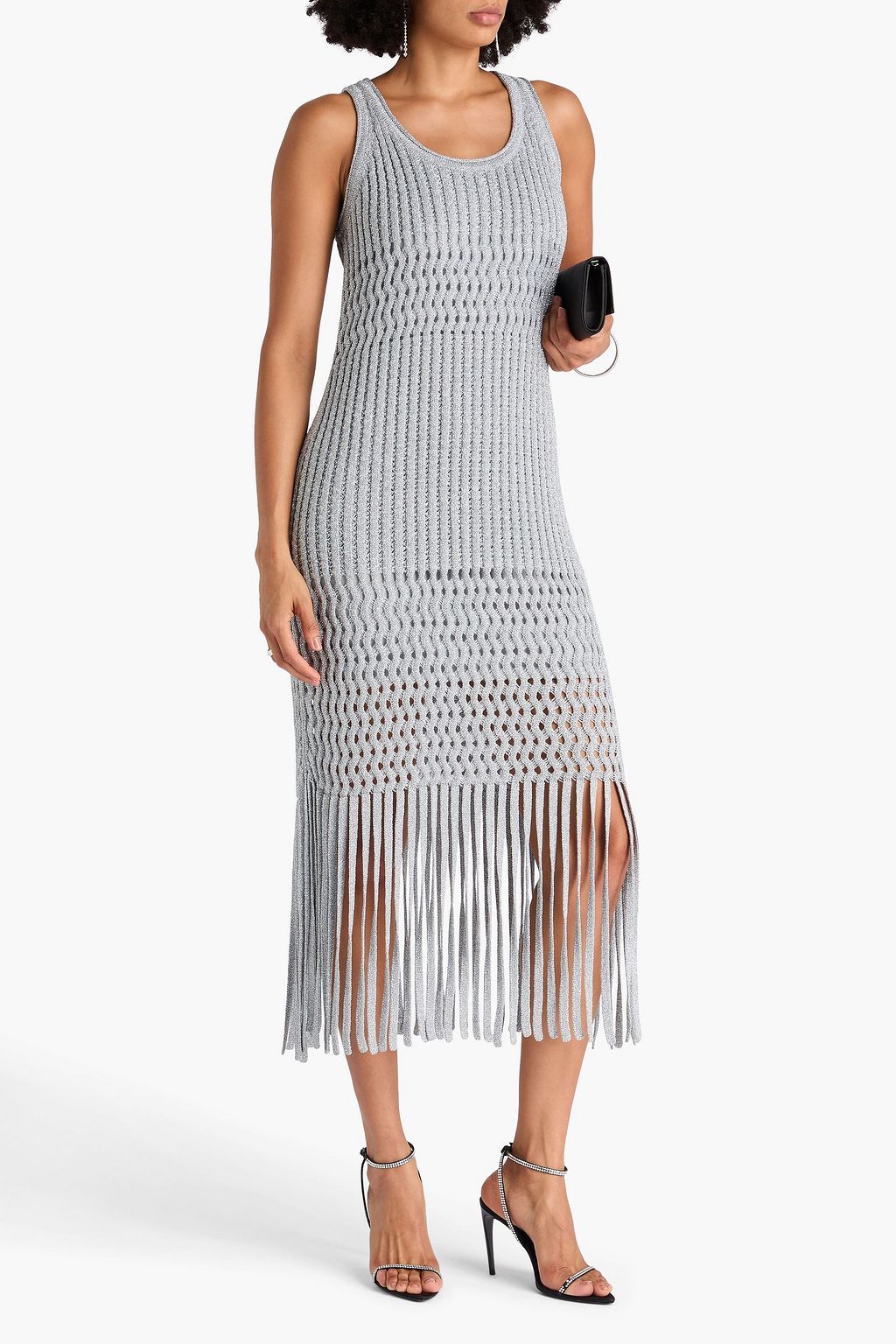 SIMKHAI Fringed metallic ribbed-knit midi dress