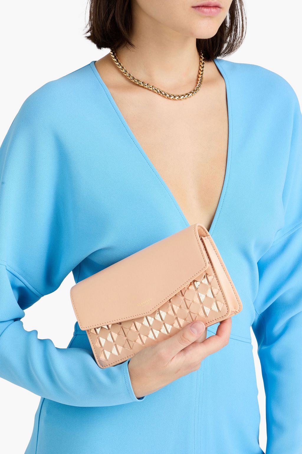 SERAPIAN Mosaic woven metallic leather and snakeskin clutch