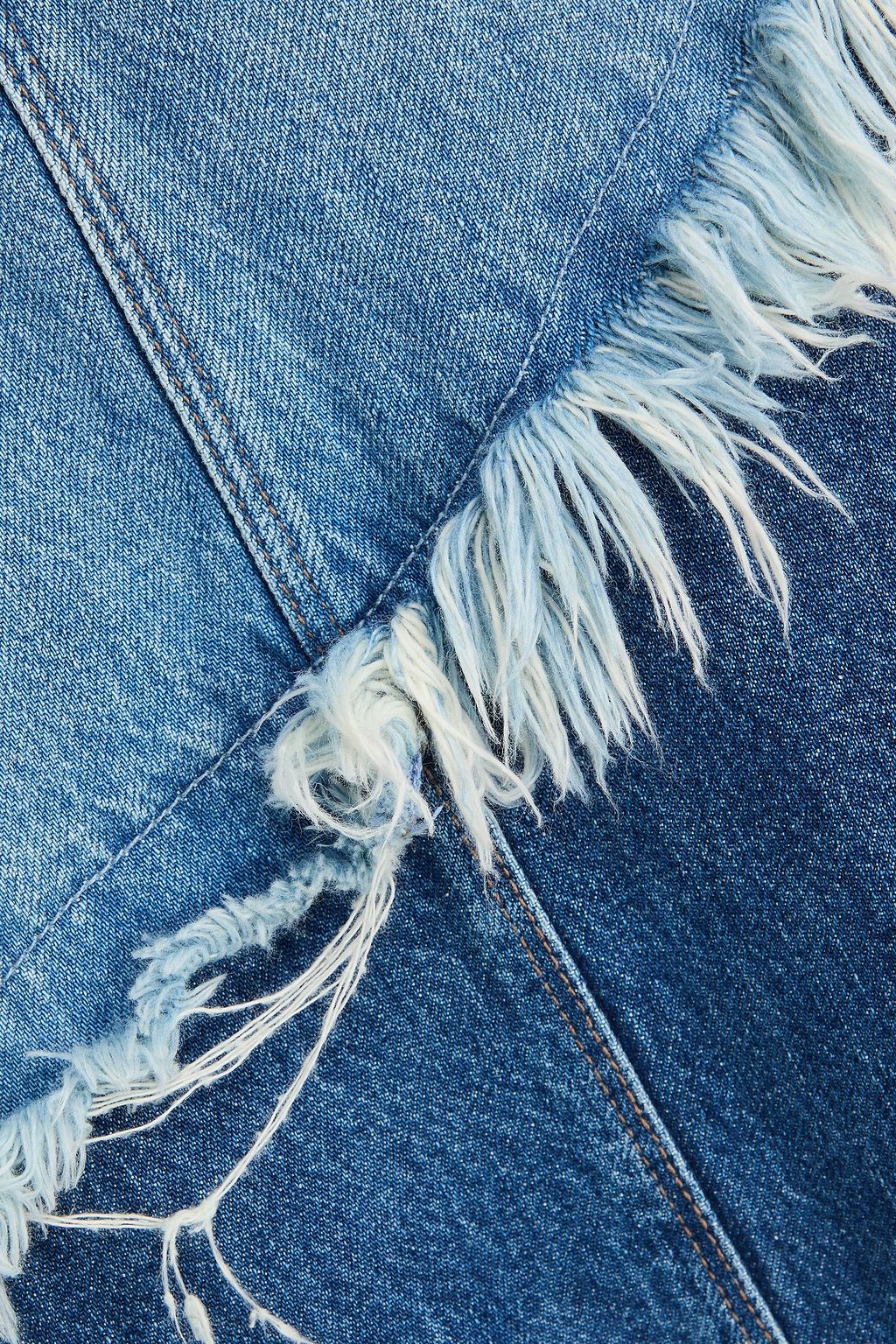 MOTHER Dual Ditcher frayed two-tone denim midi skirt