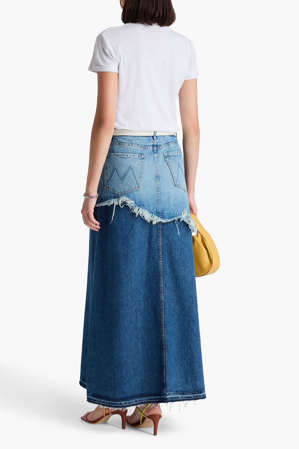 MOTHER Dual Ditcher frayed two-tone denim midi skirt