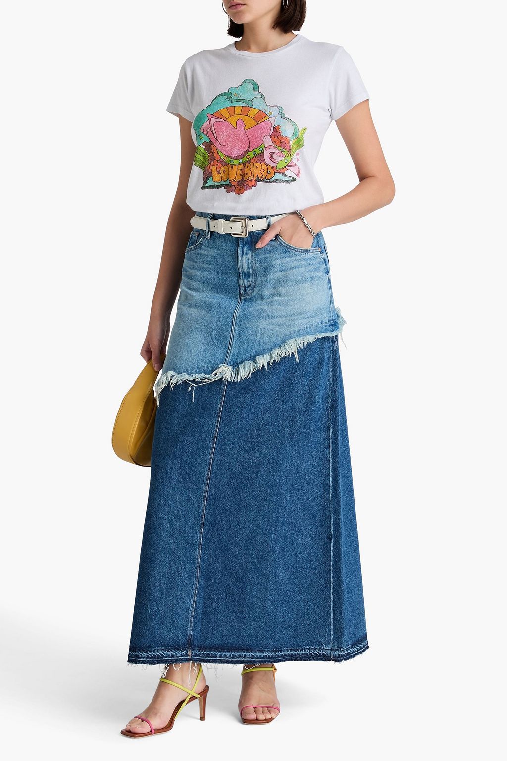 MOTHER Dual Ditcher frayed two-tone denim midi skirt