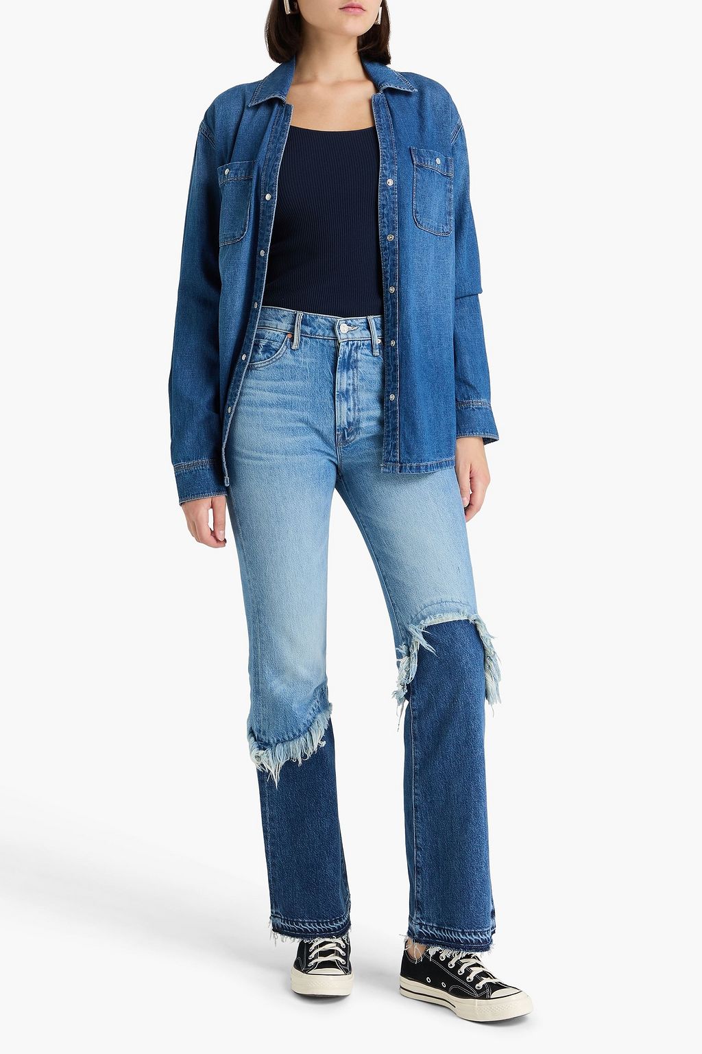 MOTHER Dual Desperado frayed two-tone high-rise flared jeans