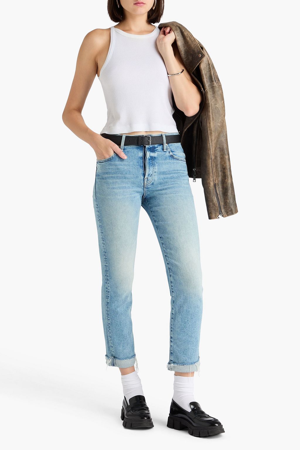 MOTHER Scrapped cropped high-rise straight-leg jeans
