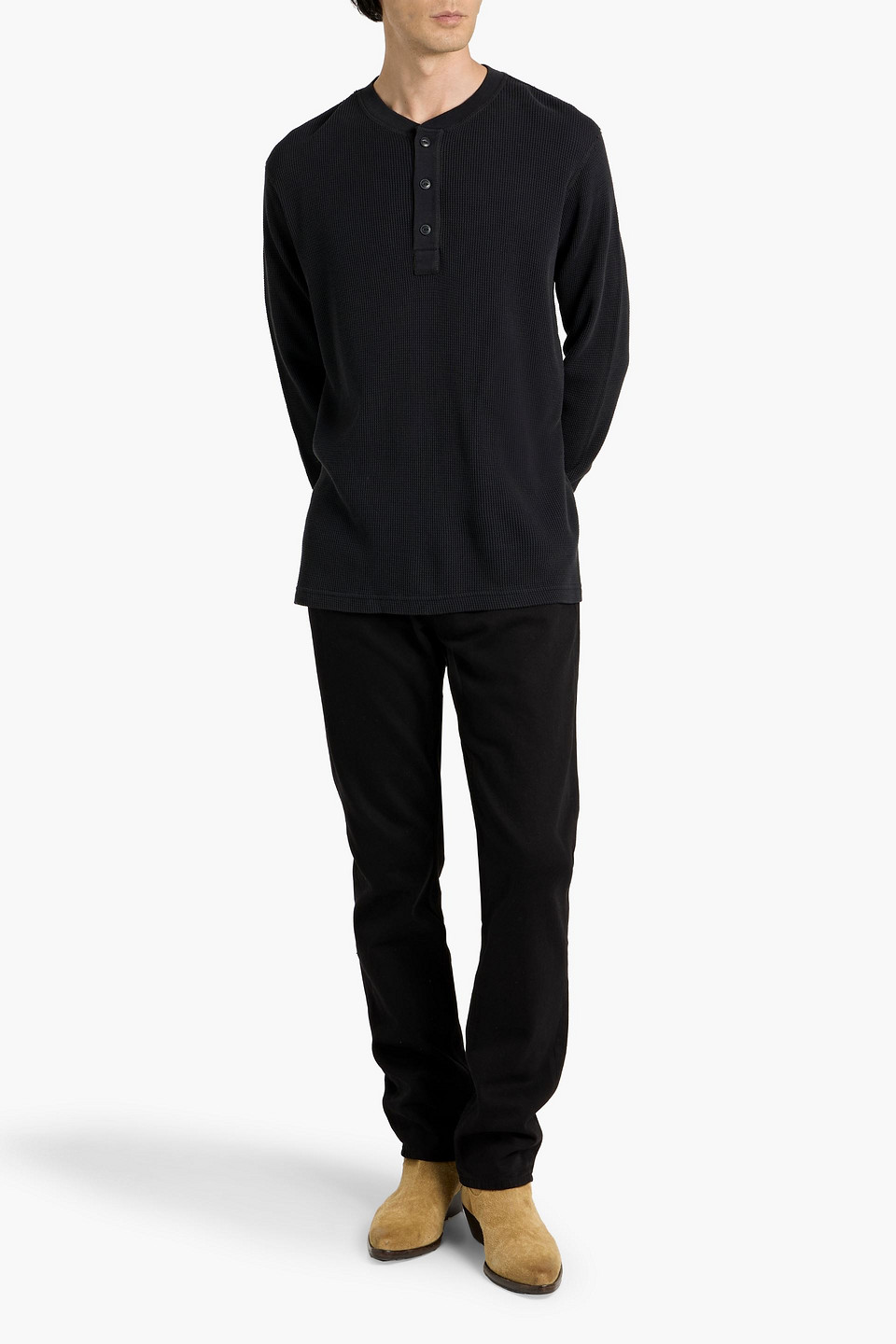 Rag & Bone Waffle-knit Cotton Henley T-shirt In Black