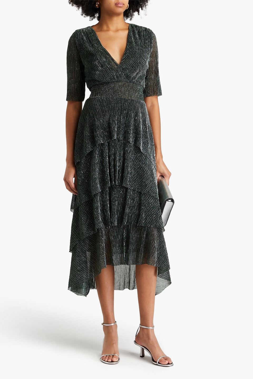Maje Tiered Lamé Midi Dress In Green