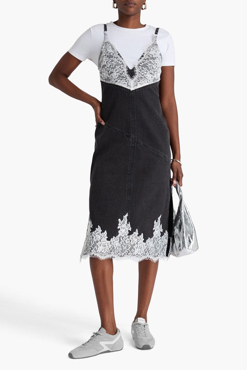 3.1 PHILLIP LIM فستان بأسلوب سليب متوسط الطول من الدنيم بقطع محاكة بجانب بعضها البعض من الدانتيل