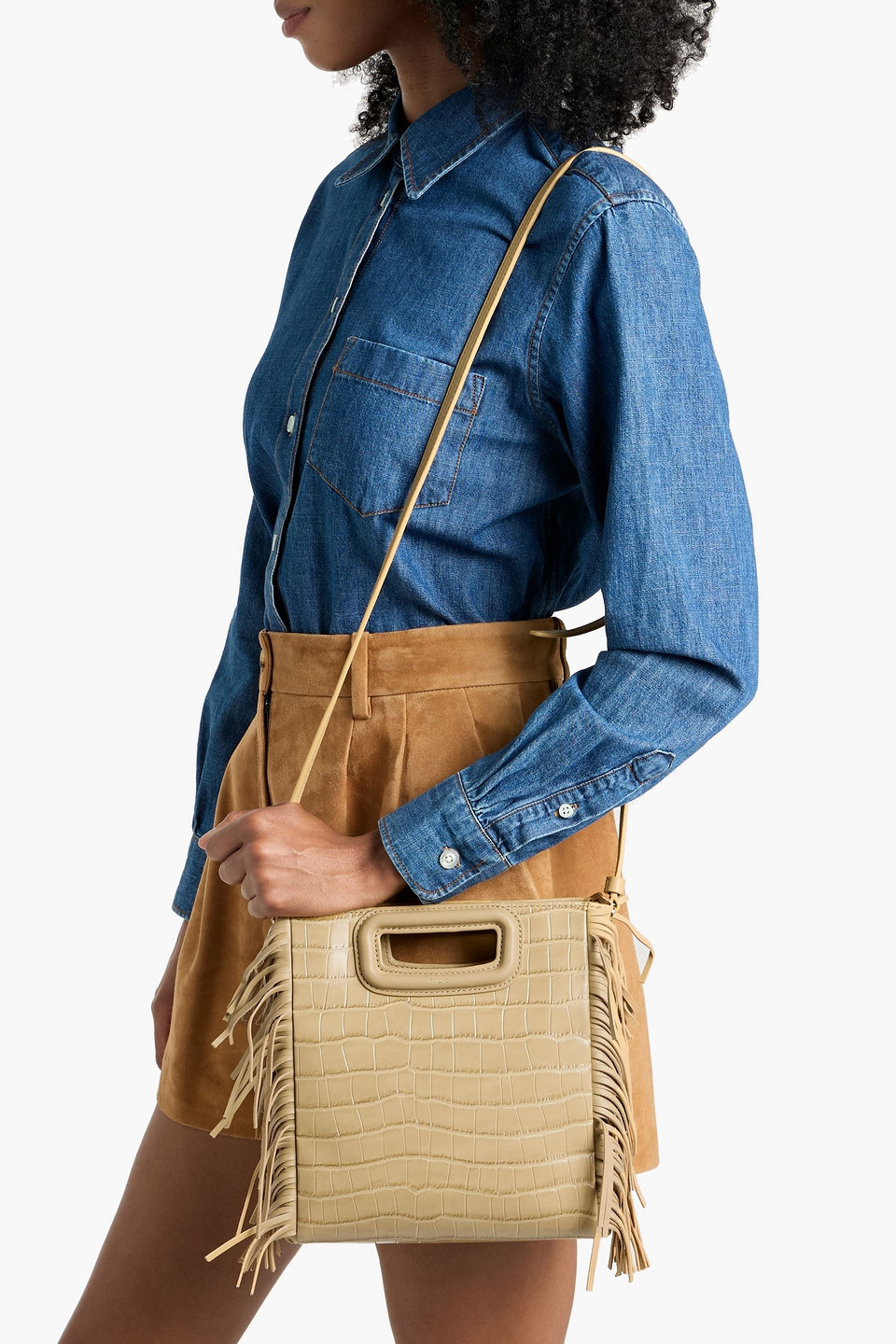 Maje Fringed Croc-effect Leather Cross-body Bag In Sand