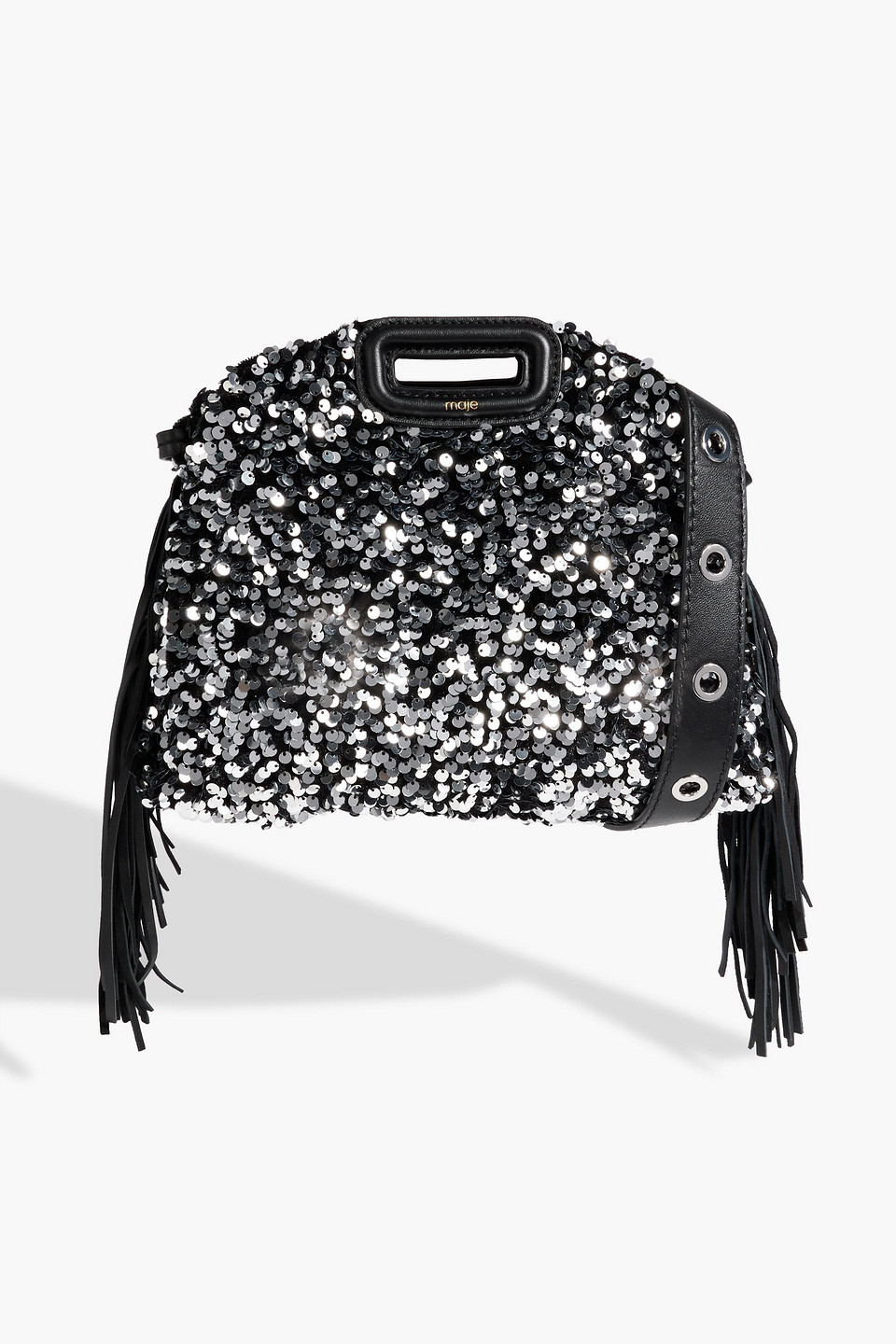 Maje Fringed Sequined Velvet Shoulder Bag In Black
