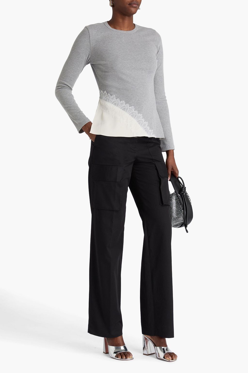 3.1 PHILLIP LIM Lace-trimmed ribbed jersey and satin top