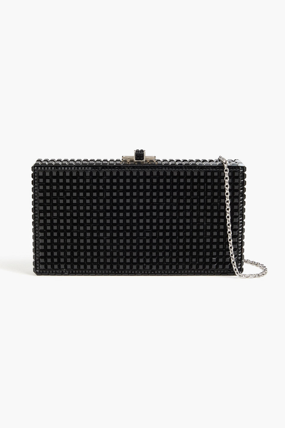 Judith Leiber Sleek Rectangle Crystal-embellished Silver-tone Clutch In Black
