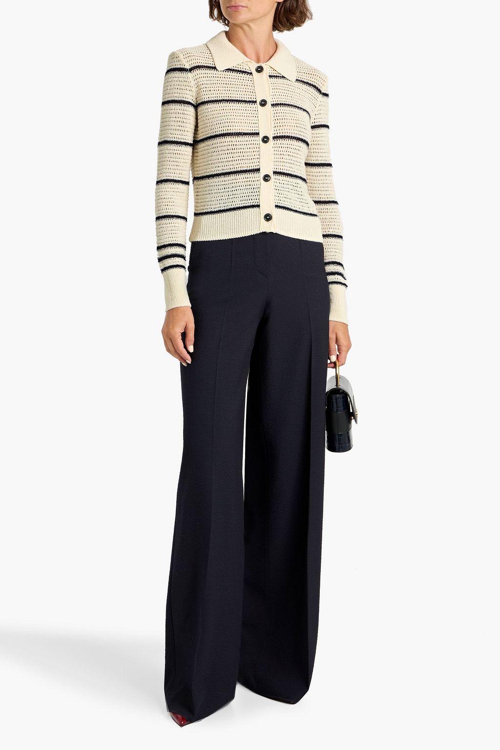 FRAME Striped crocheted cotton-blend cardigan
