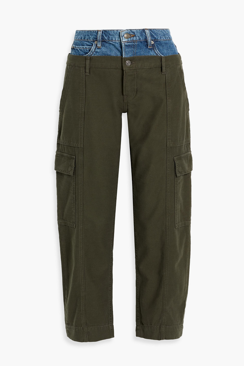 Frame Le Mix Denim-trimmed Cotton-canvas Cargo Pants In Green