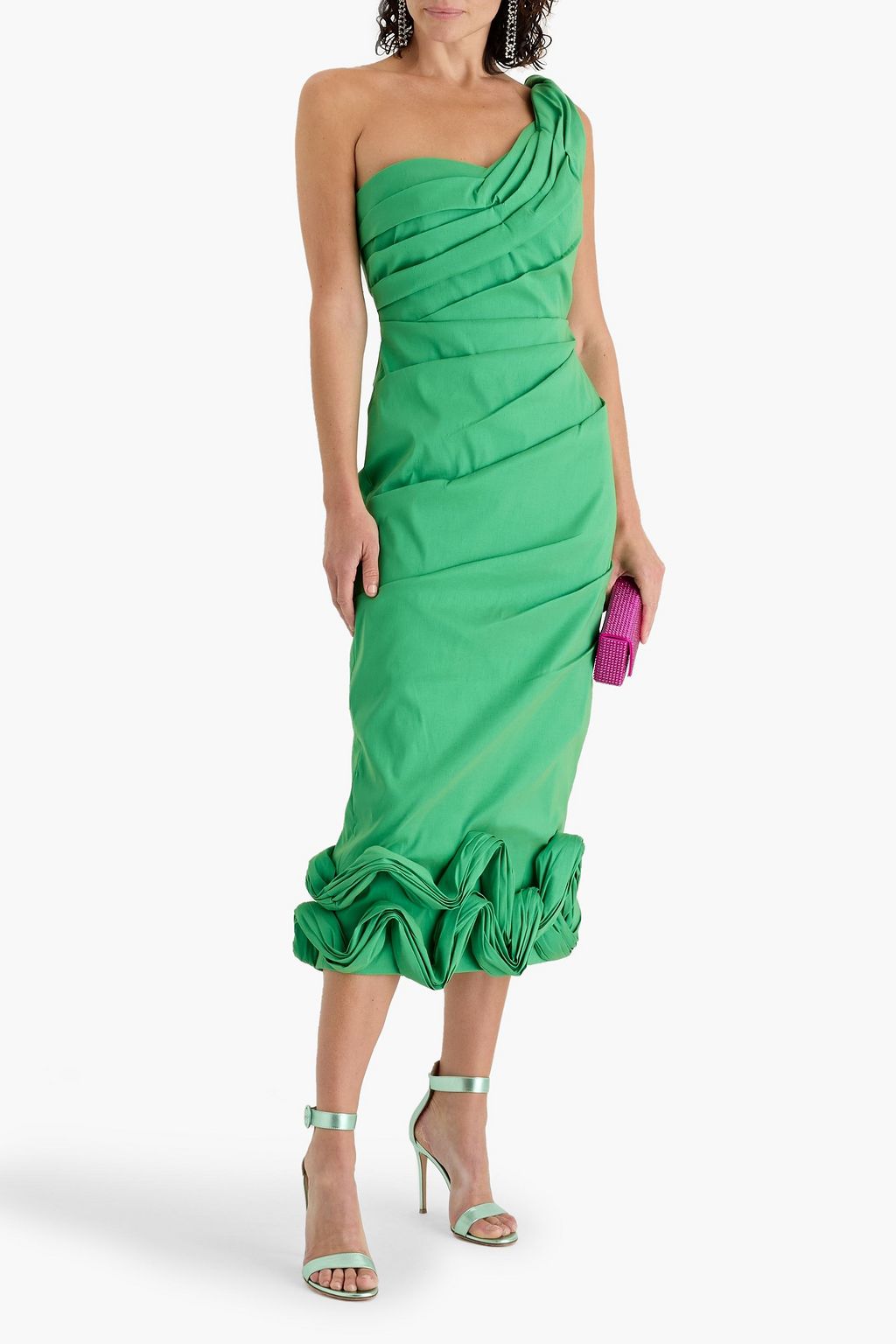 RACHEL GILBERT Ochre one-shoulder ruffled shantung midi dress