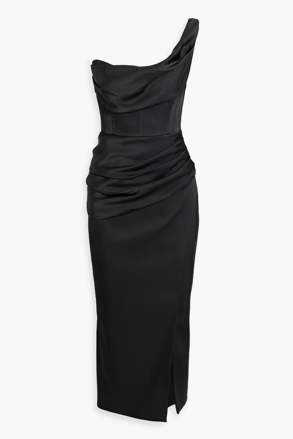Rachel Gilbert Duke One-shoulder Draped Satin Midi Dress In Black