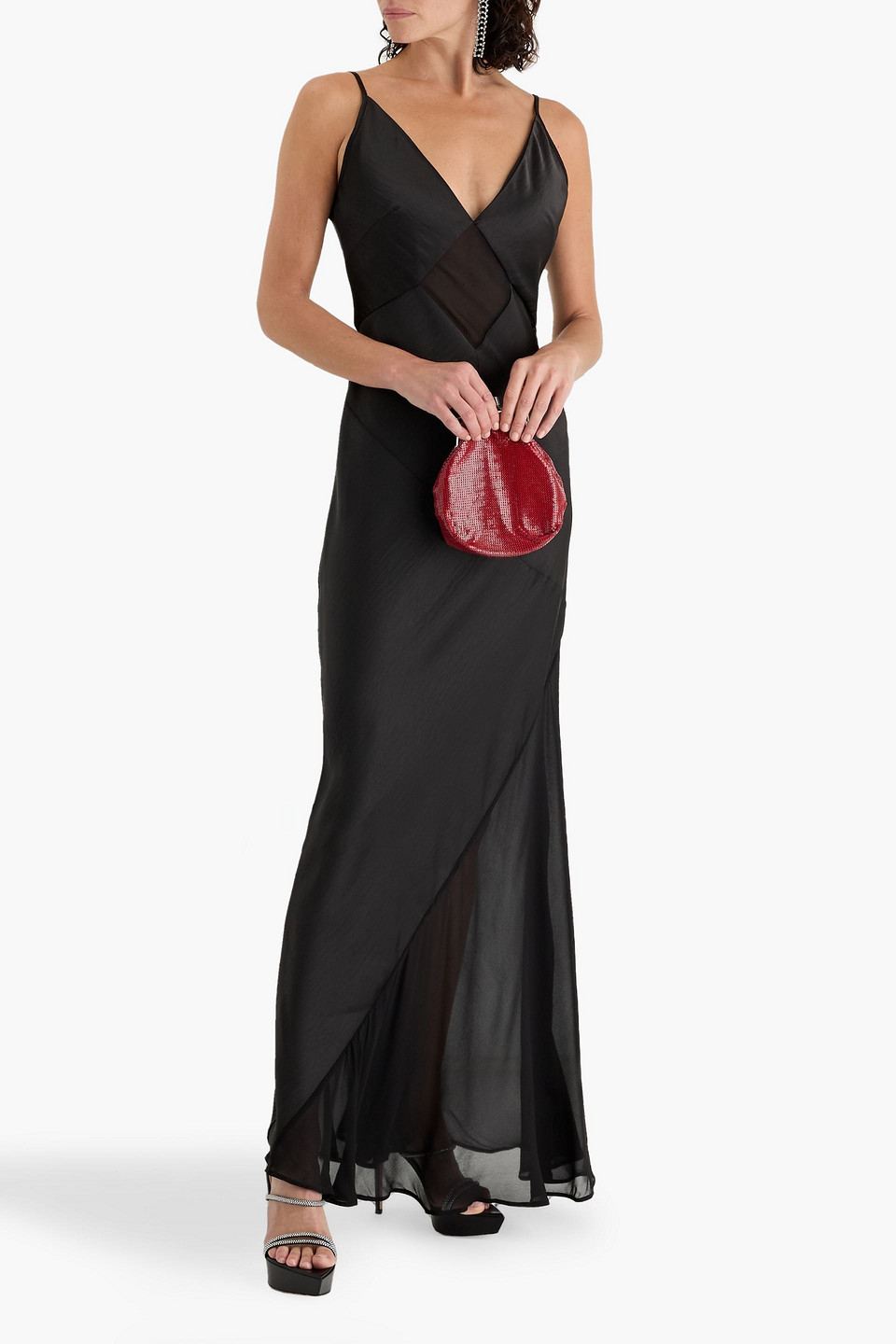 Rachel Gilbert Venus Chiffon-paneled Satin-crepe Gown In Black