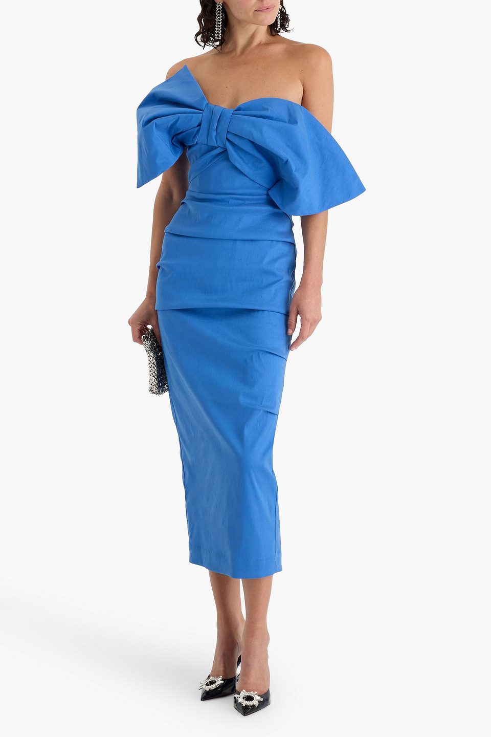 Rachel Gilbert Memphis Strapless Bow-detailed Shantung Midi Dress In Blue