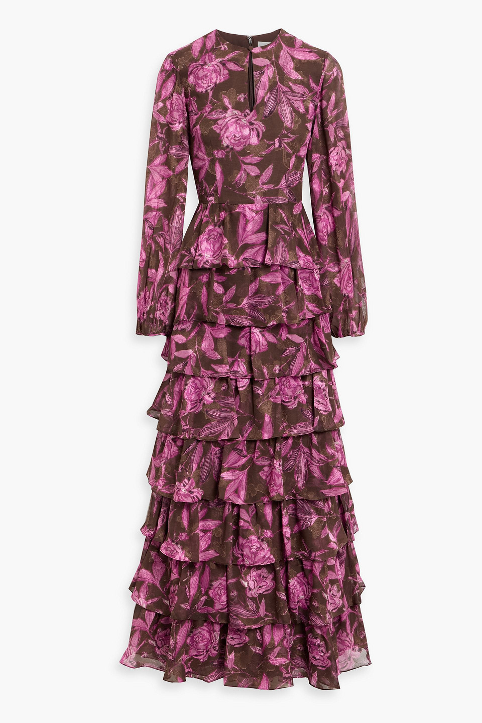 Mikael Aghal Tiered Floral-print Fil Coupé Chiffon Gown In Pink