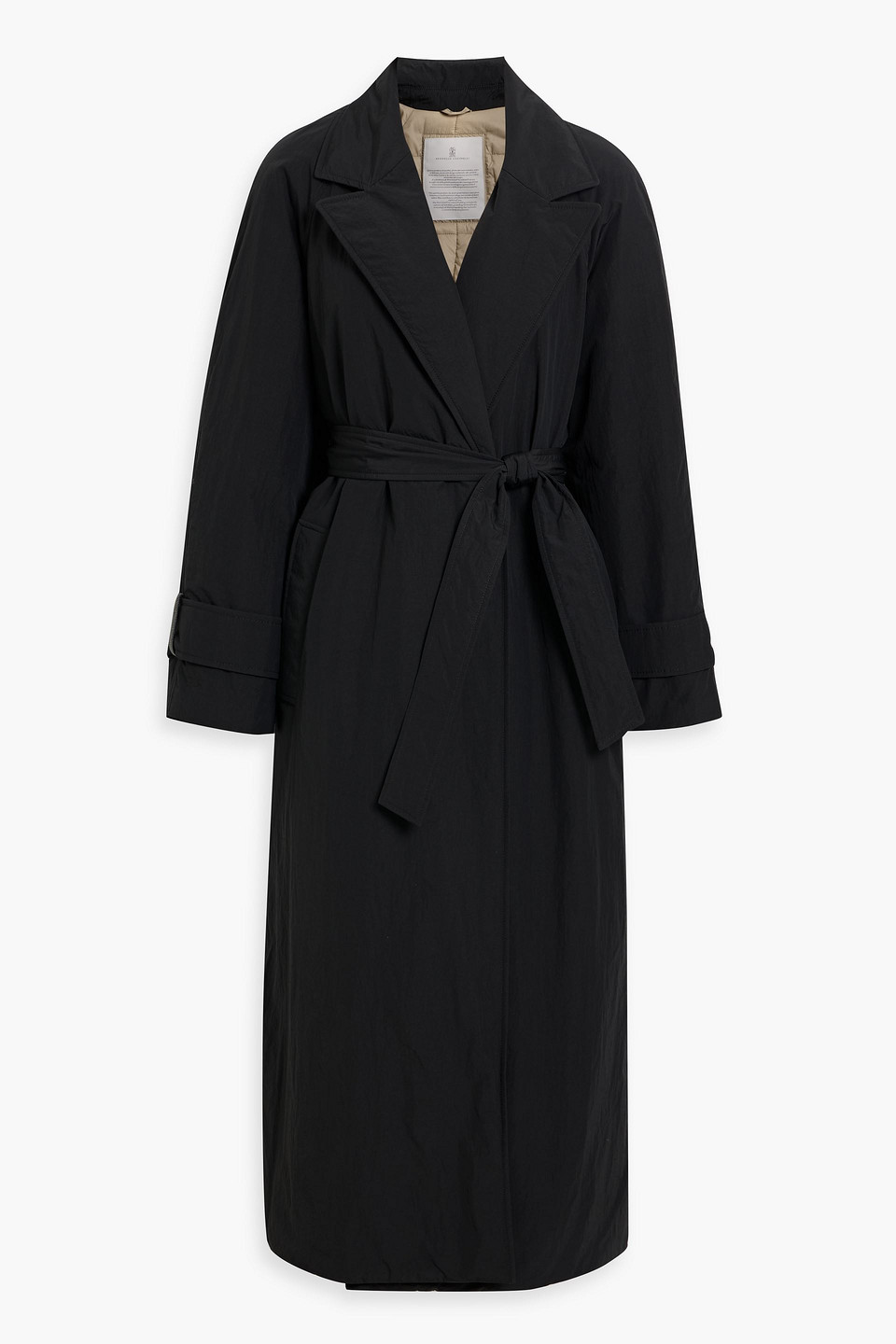 Brunello Cucinelli Belted Padded Crinkled-shell Trench Coat In Black