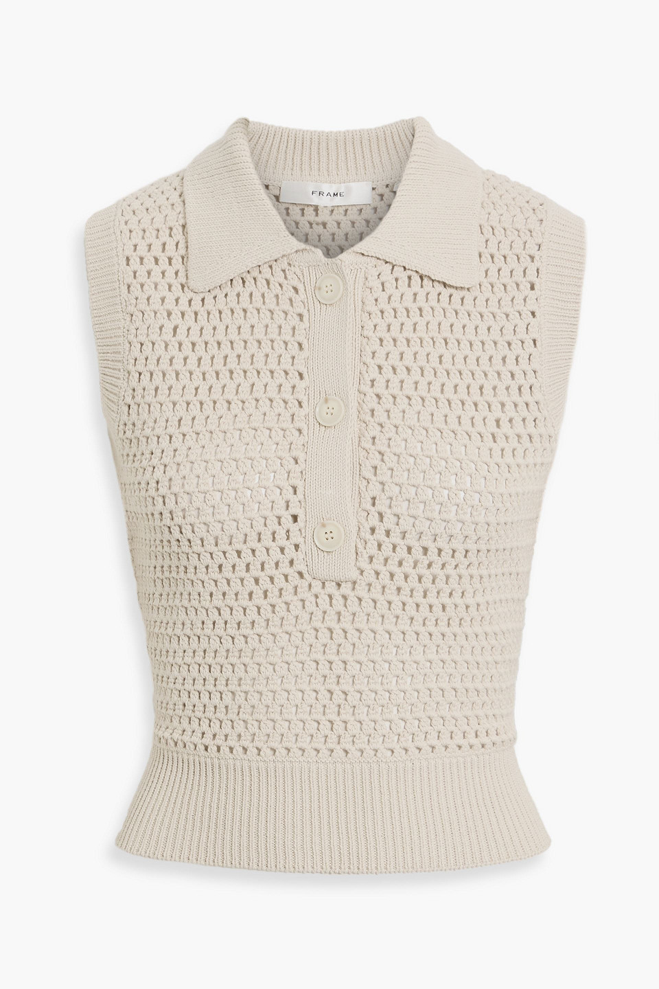 Frame Openwork Sleeveless Polo Sweater In Neutral