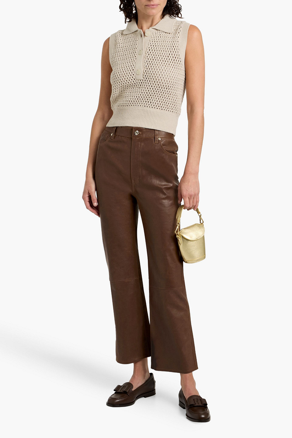 Frame Openwork Sleeveless Polo Sweater In Neutral