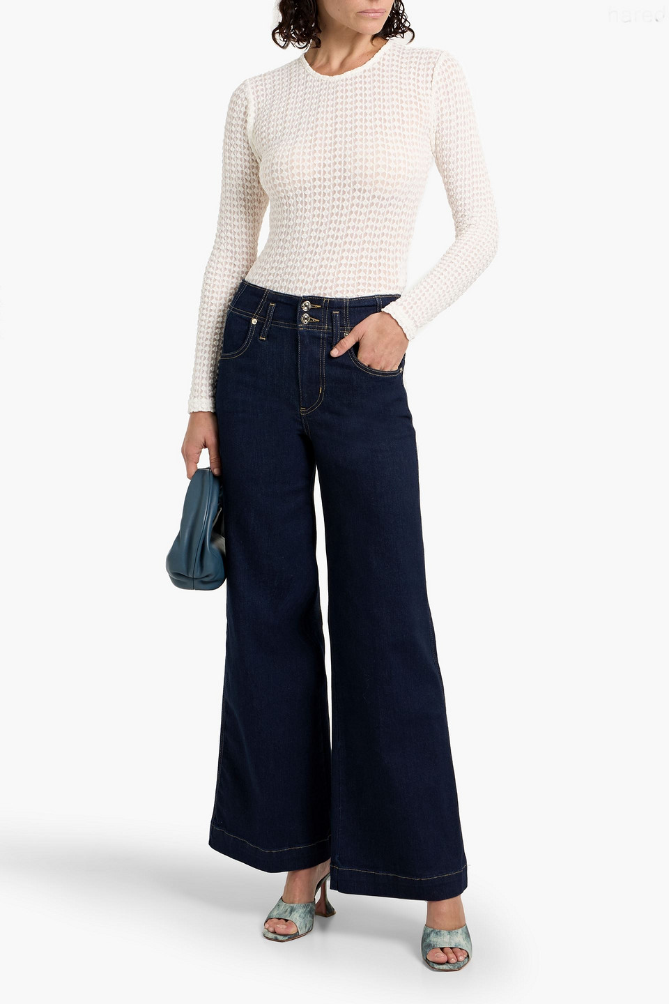 Frame The Popcorn Textured Stretch Cotton-blend Mesh Top In White