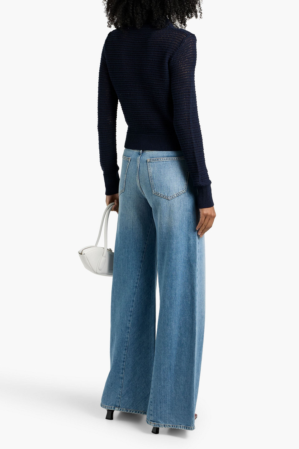 Frame The Shrunken Open-knit Cotton-blend Cardigan In Blue