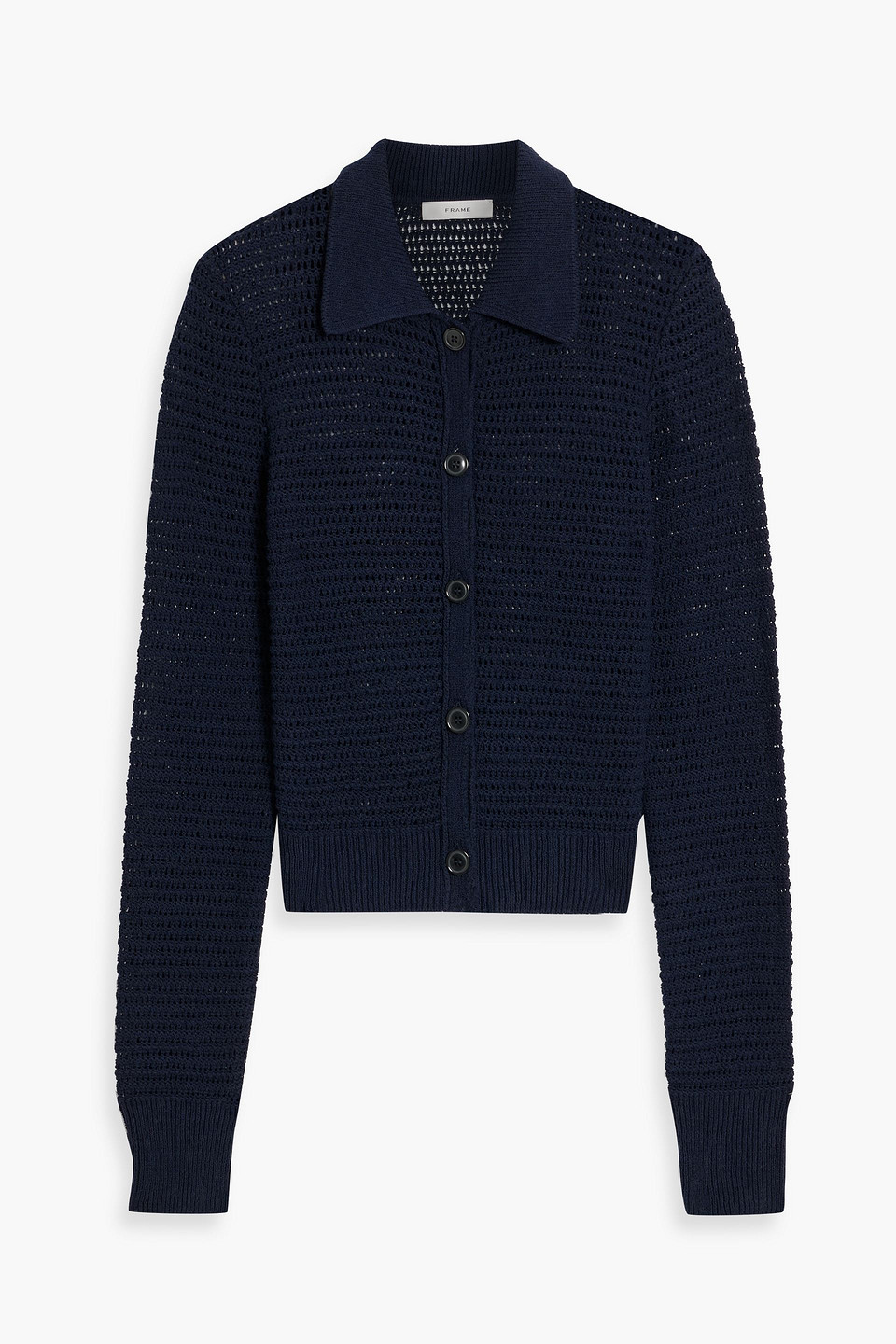 Frame The Shrunken Open-knit Cotton-blend Cardigan In Blue
