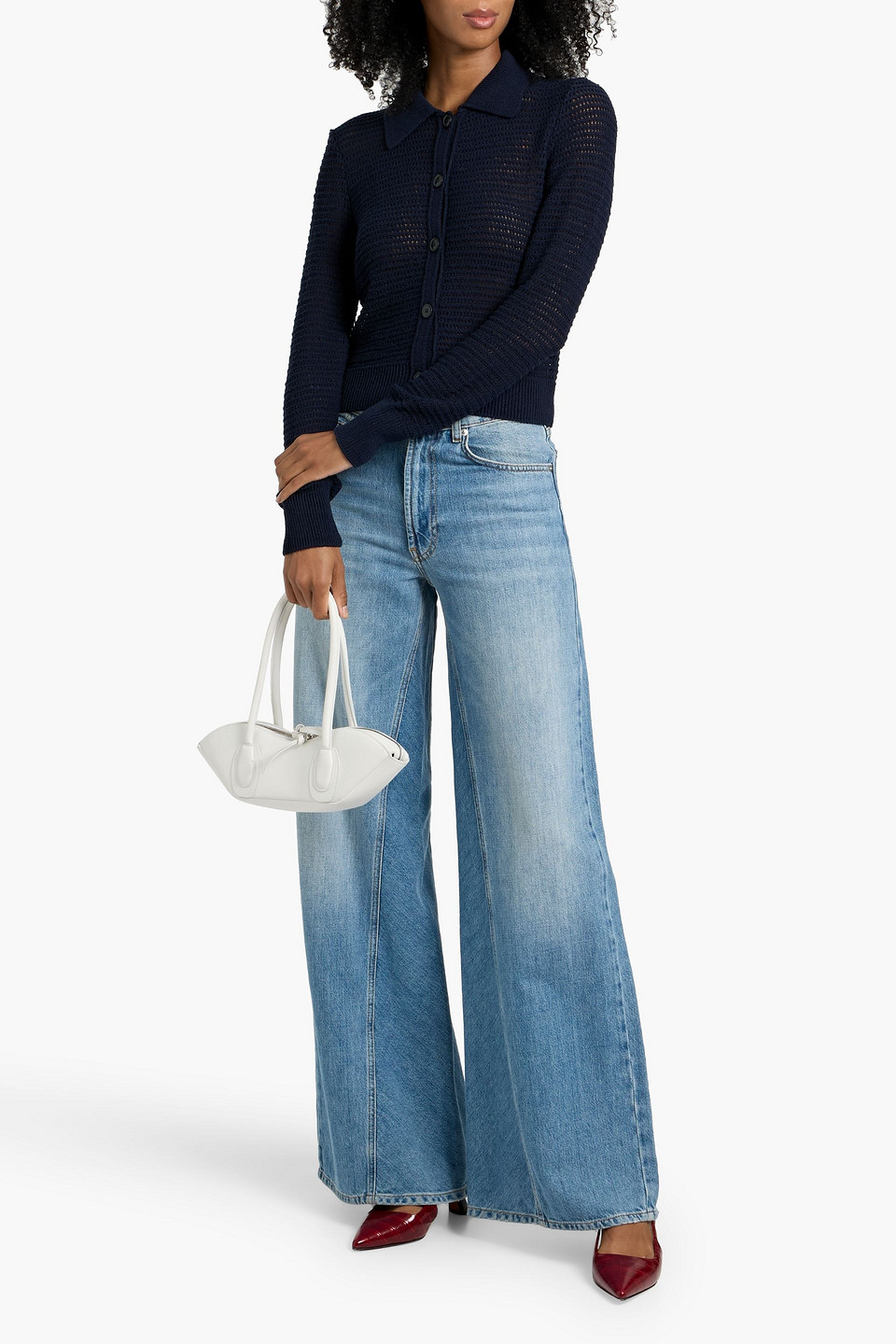 Frame The Shrunken Open-knit Cotton-blend Cardigan In Blue