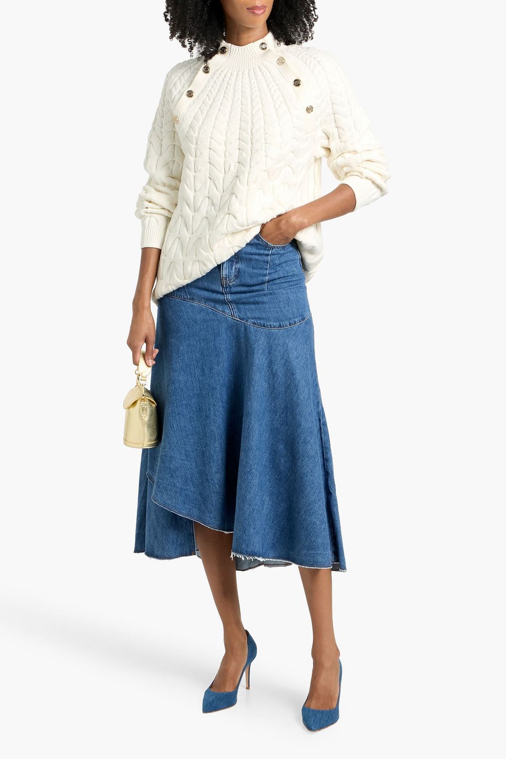 MAJE Asymmetric denim midi skirt