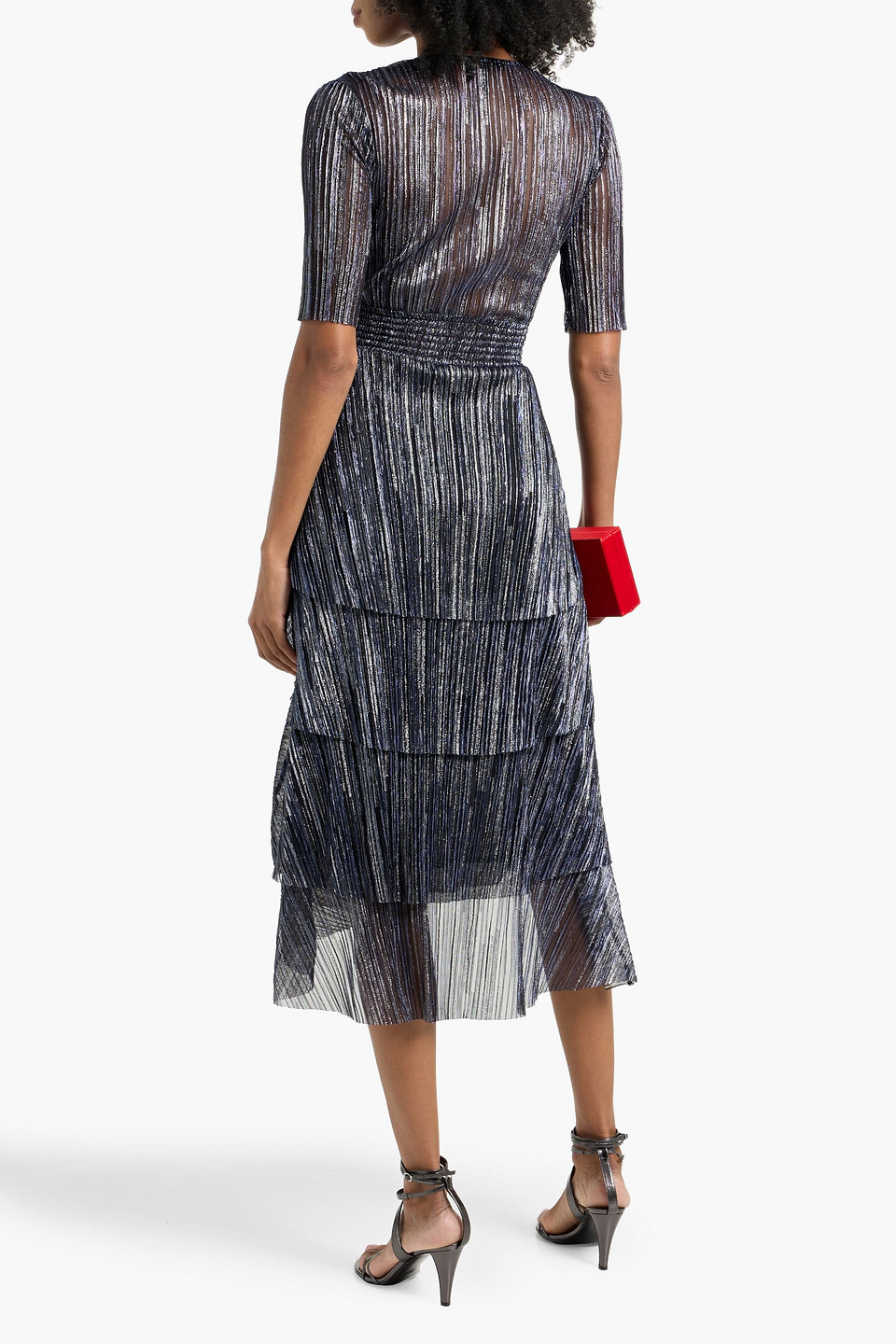 Maje Tiered Lamé Midi Dress In Blue