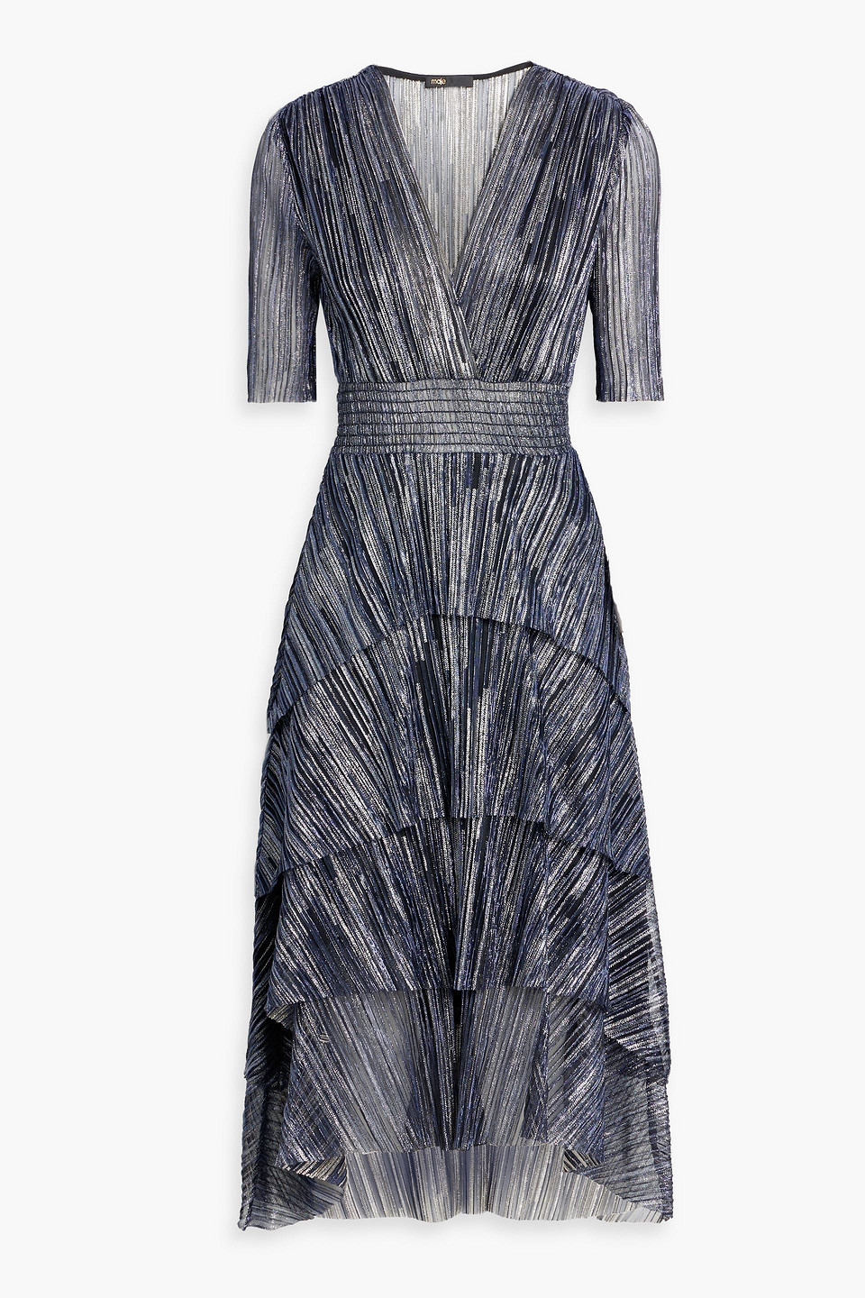 Maje Tiered Lamé Midi Dress In Blue