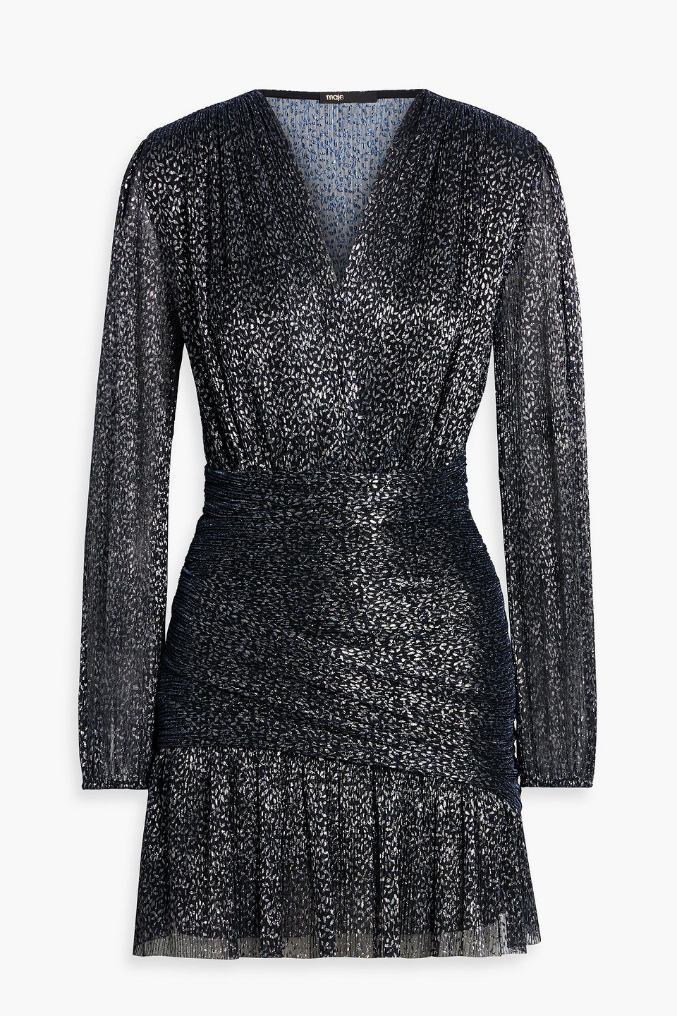 Maje Wrap-effect Lamé Mini Dress In Blue