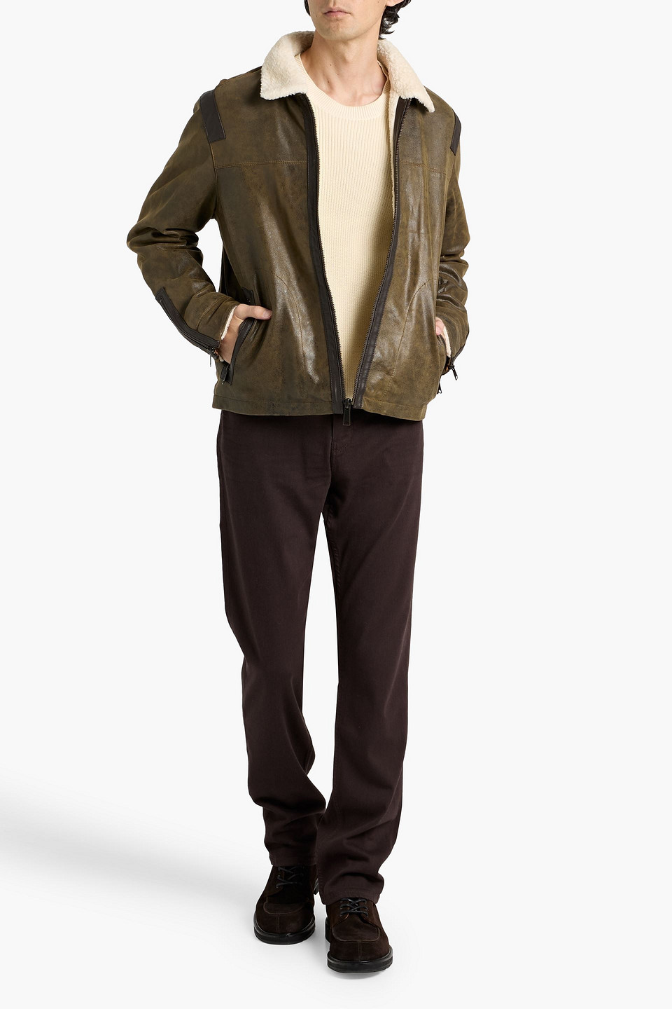 Paige Mangelson Teddy Fleece-trimmed Leather Jacket In Brown