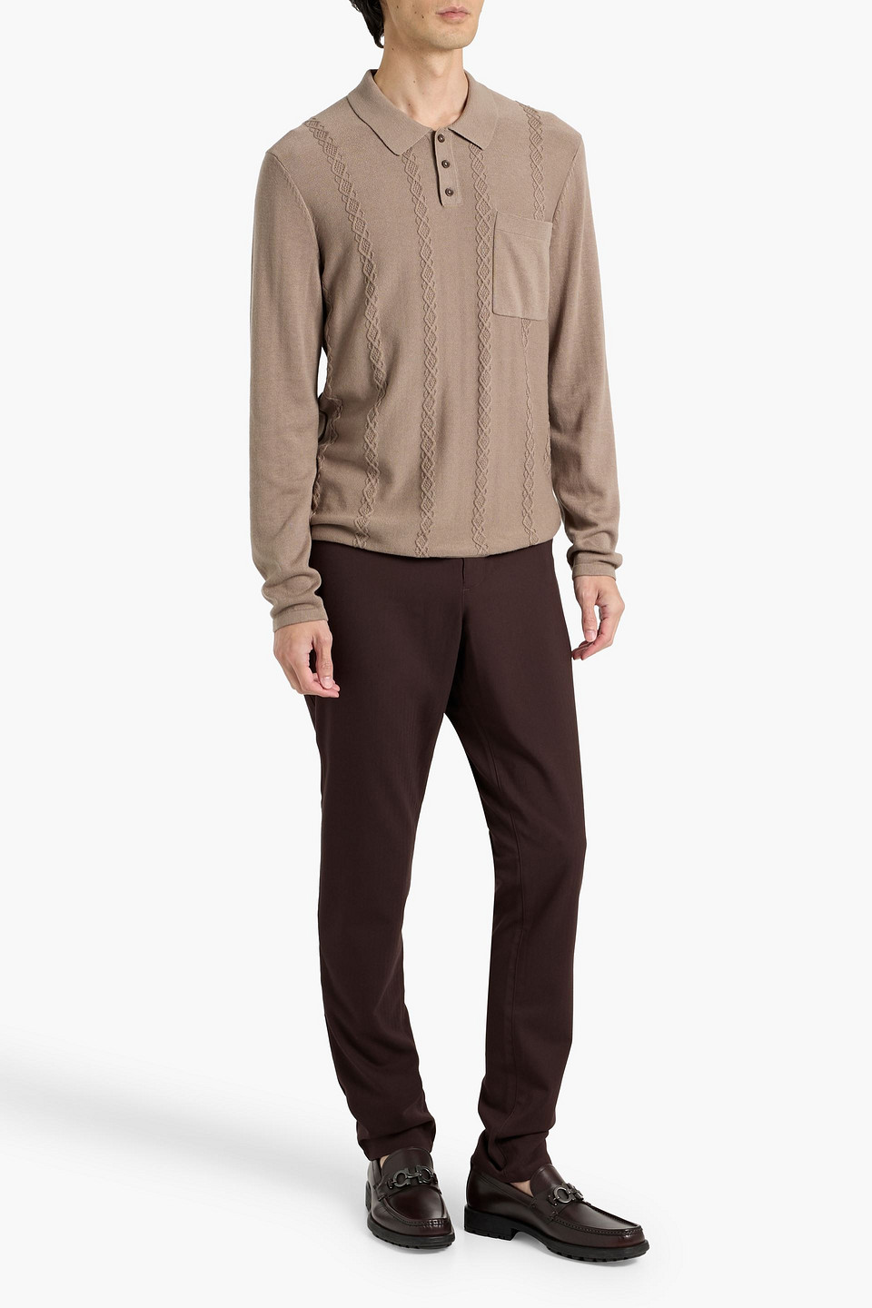 Paige Merrifield Cable-knit Cotton-blend Polo Sweater In Brown