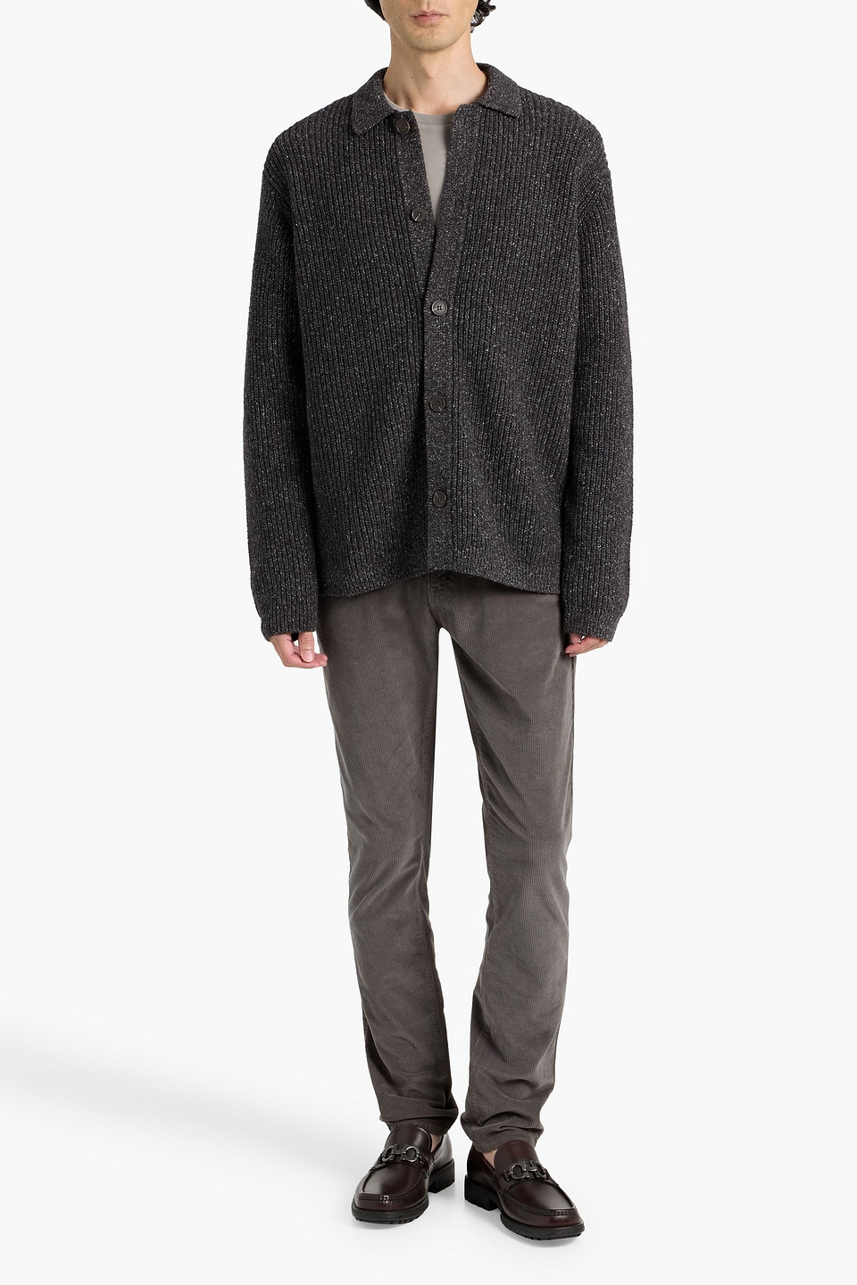 Paige Hinton Donegal Ribbed Cotton And Wool-blend Cardigan In Gray