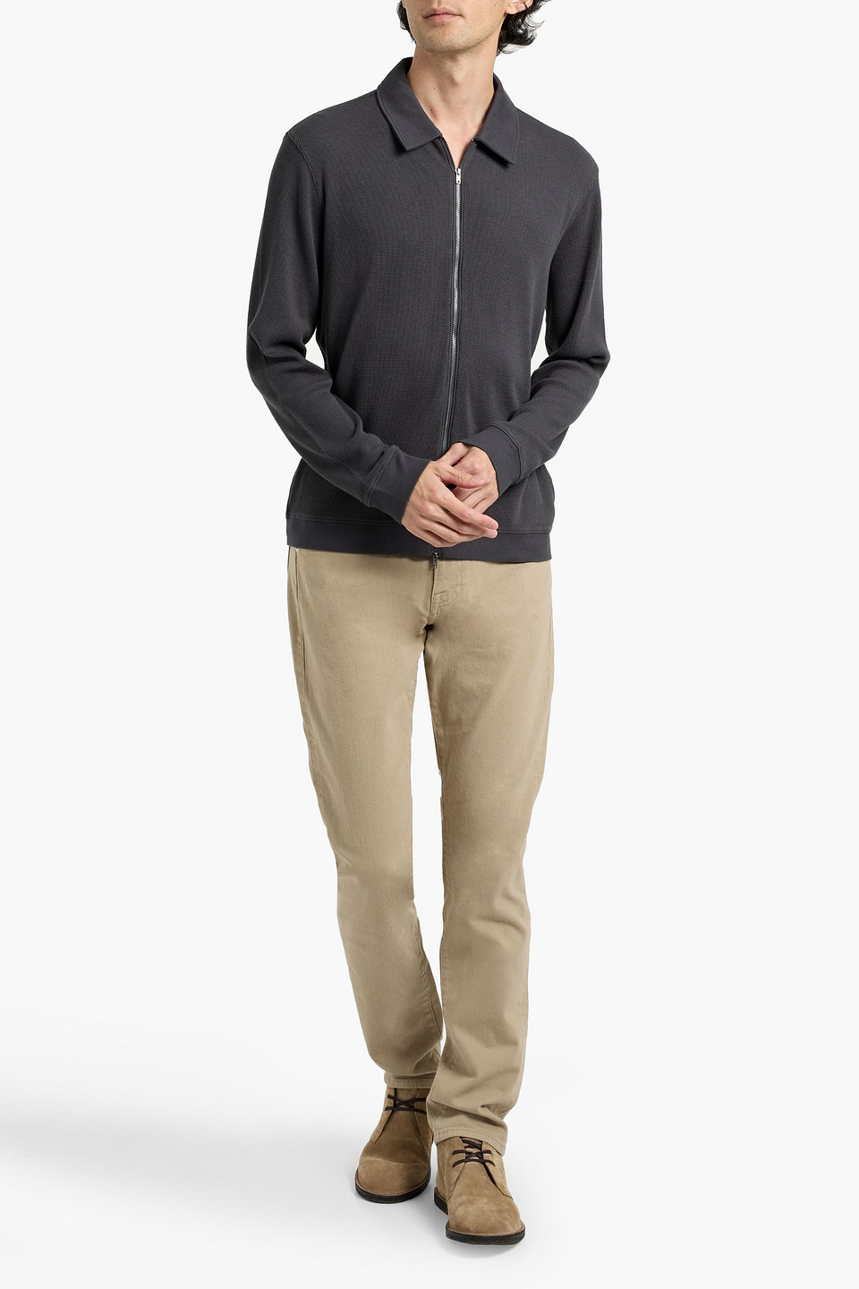 Paige Darrel Waffle-knit Cotton-blend Zip-up Sweater In Gray