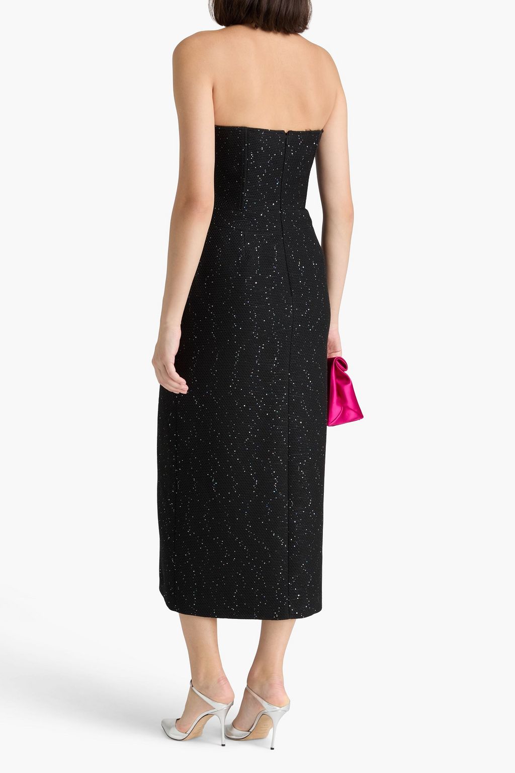 DAVID KOMA فستان متوسط الطول بدون حمالات مصنوع من الكريب بتصميم مزركش