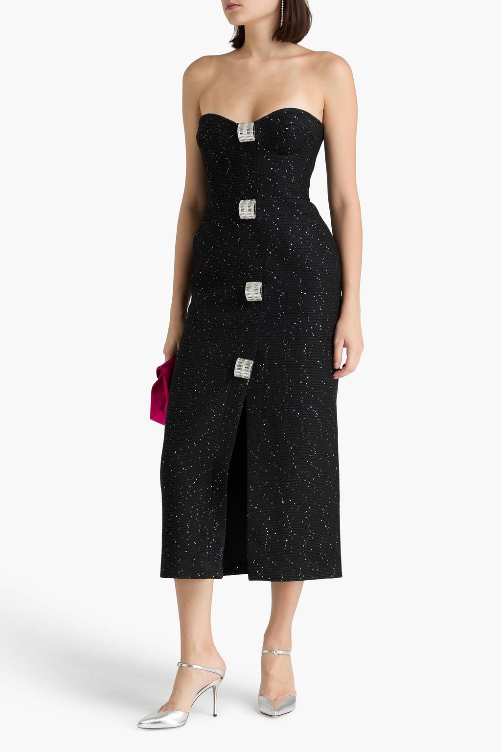 DAVID KOMA فستان متوسط الطول بدون حمالات مصنوع من الكريب بتصميم مزركش