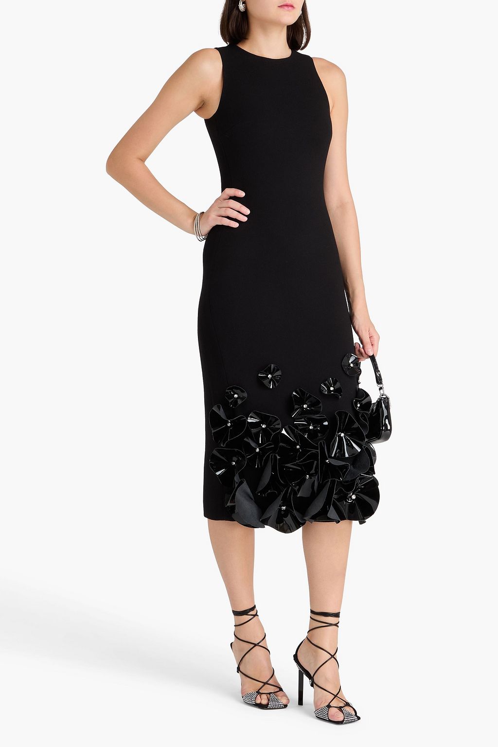 DAVID KOMA فستان متوسط الطول من الكريب الصوفي مُزيّن بزخارف الأزهار