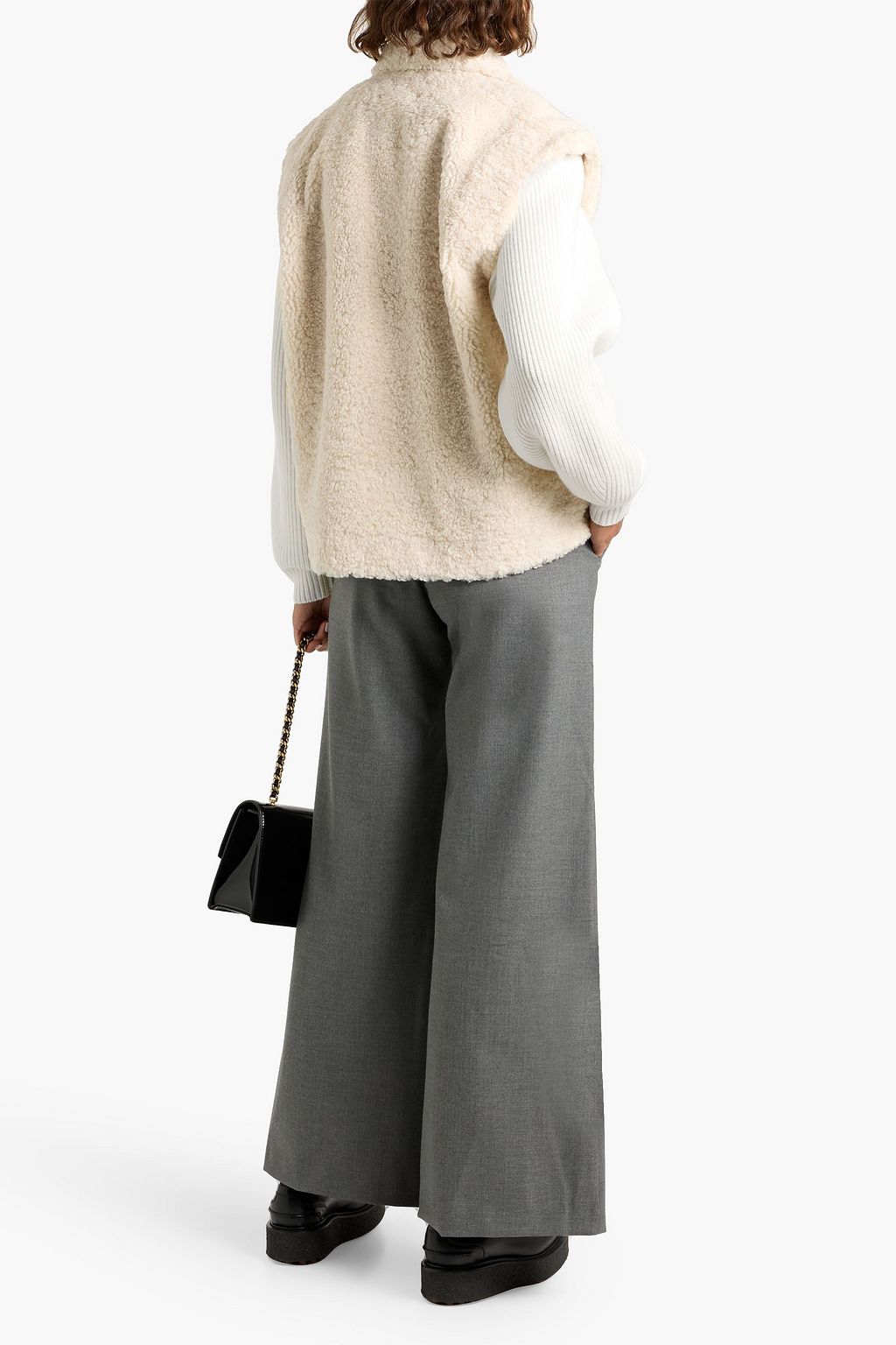 MAJE Double-breasted teddy fleece and ribbed-knit jacket
