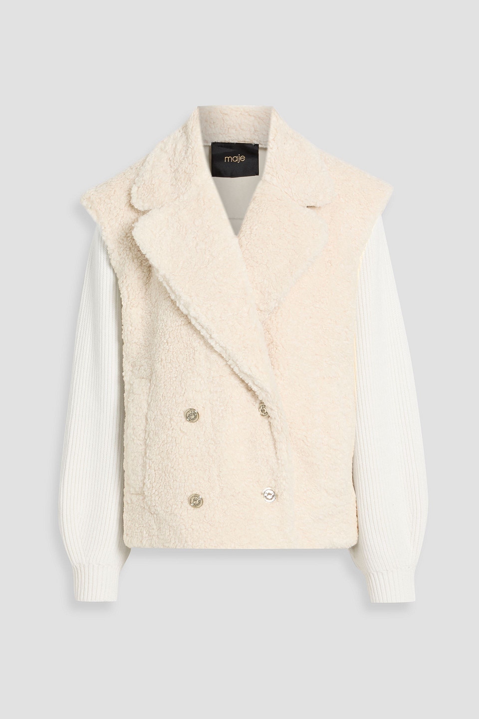 Maje Double-breasted Teddy Fleece And Ribbed-knit Jacket In Neutral
