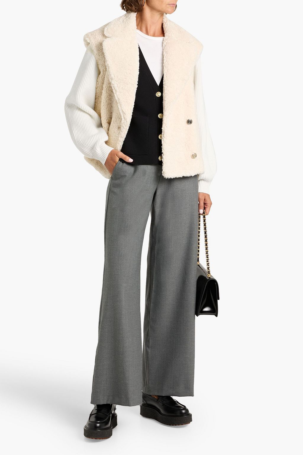 MAJE Double-breasted teddy fleece and ribbed-knit jacket