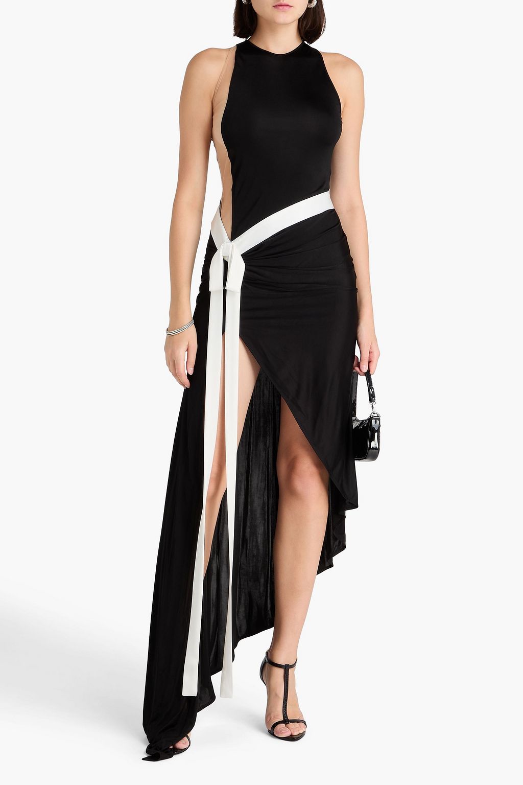 DAVID KOMA Asymmetric tulle-paneled jersey gown